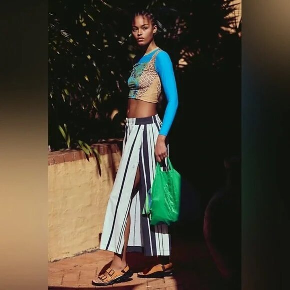 NWOT Free People Hot Shot Printed Wide Leg Striped Pants size:  LARGE - Picture 3 of 5